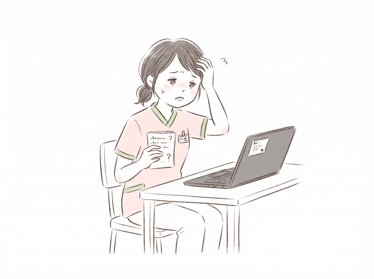 手書きメモをパソコンに打ち直して困っているスタッフのイラスト