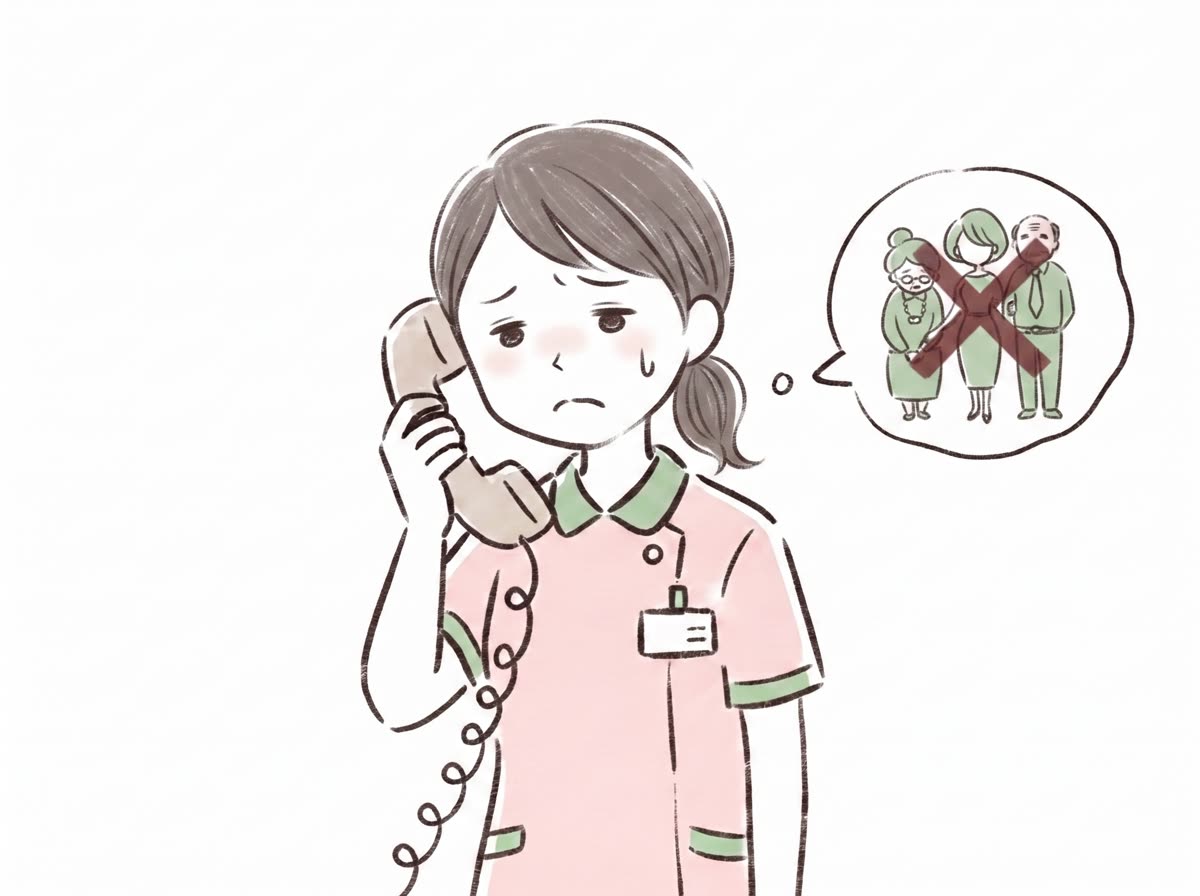 ご家族に電話がつながらず困っているスタッフのイラスト