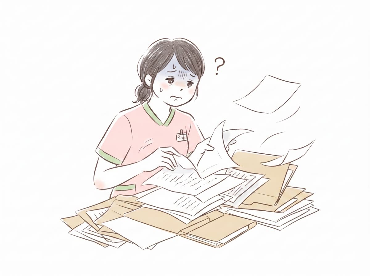 書類の山の中を探し回るスタッフのイラスト
